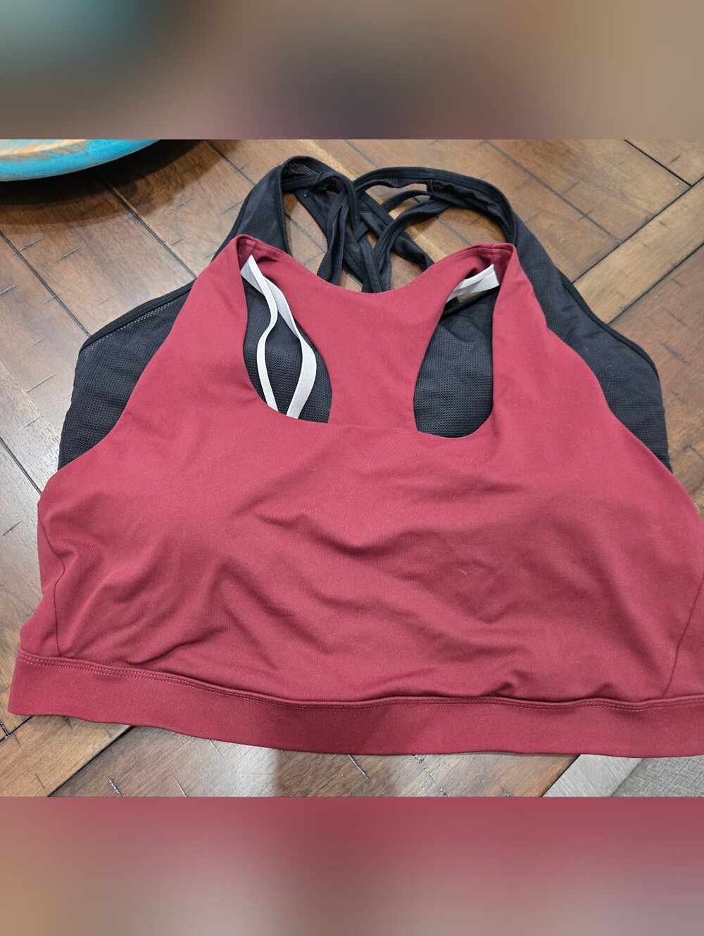 Fabletics Burgundy & Black Strappy Sports Bra